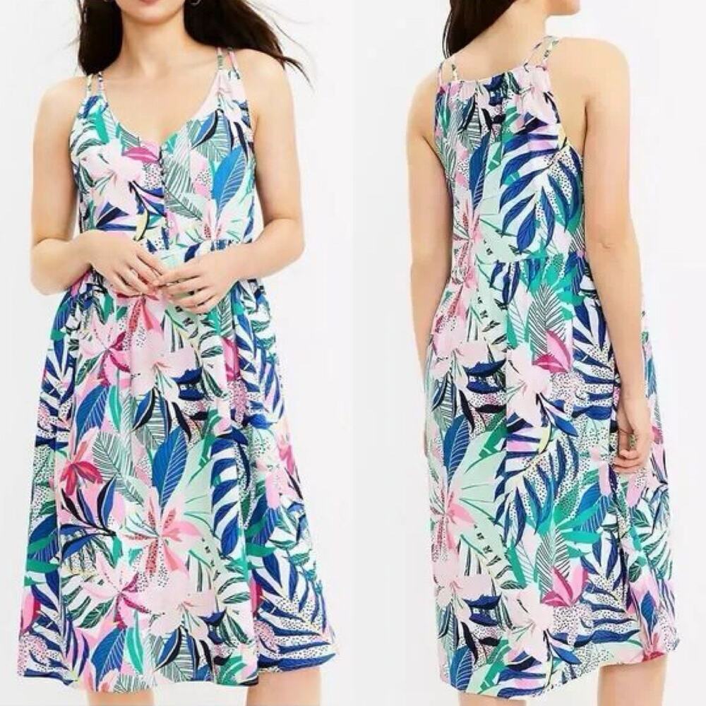 Loft Palm Leaf Floral Strappy Midi Dress 14‎ Pastel Summer Resort Tropical Beach
